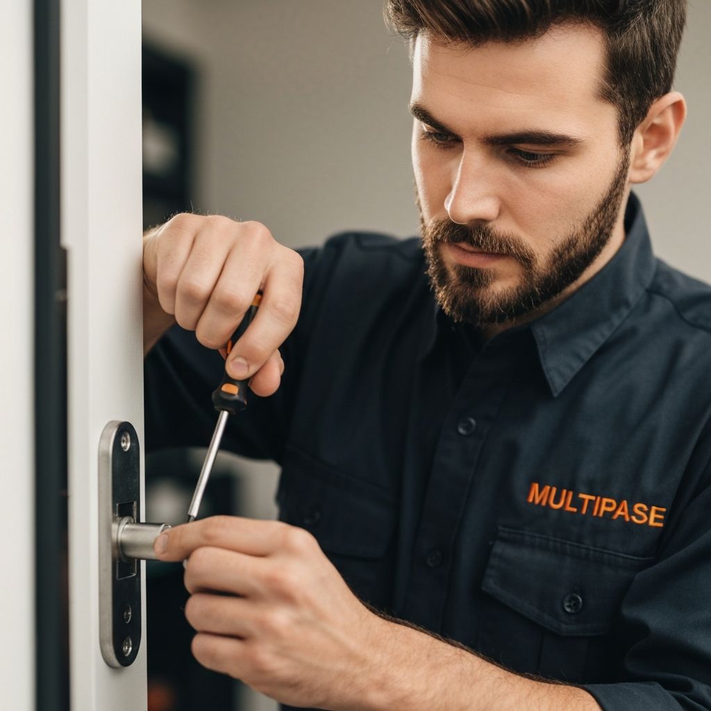 Cerrajero profesional urgente MULTIPASE Murcia técnico uniformado reparando instalando cerradura puerta seguridad destornillador - Apertura puertas urgente 24h cambio instalación bombín cilindro europerfil alta seguridad antibumping antitaladro cerrojos antipalanca SAG Mottura Lince cambiar cerradura inteligente - Keso Abus DormaKaba Yale Tesa FAC - Servicio urgente 24 horas económico rápido Murcia Molina Segura Altorreal La Alcaina Espinardo El Puntal - Puedes pagar en efectivo, con tarjeta o Bizum - Presupuesto gratis